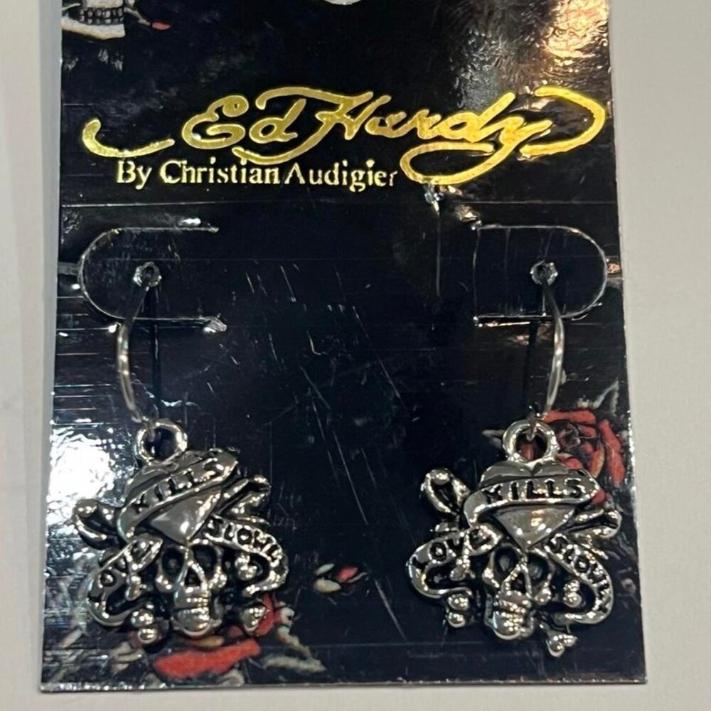 NWT Ed Hardy by Christian Audigier Love Kills Slowly Skull Earrings Y2K McBling